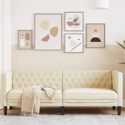 Sofá chesterfield 3 lugares - Sofá fixo couro artificial creme