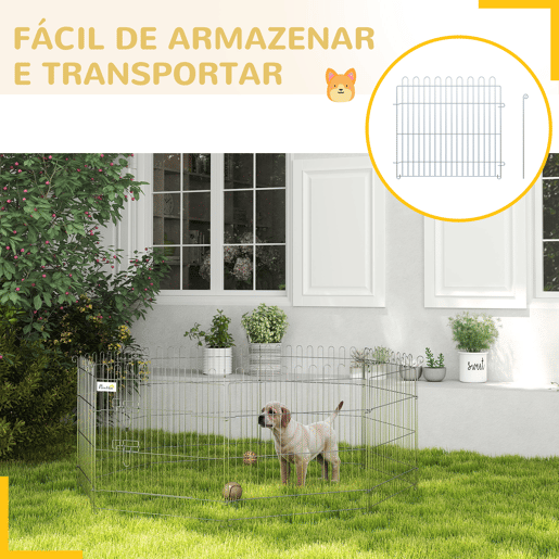 PawHut Parque para Animais de Estimação com 8 Paineis 63x60cm Cerca para Animais de Estimação com Porta com Trava para Jardim Pátio Exterior Prata