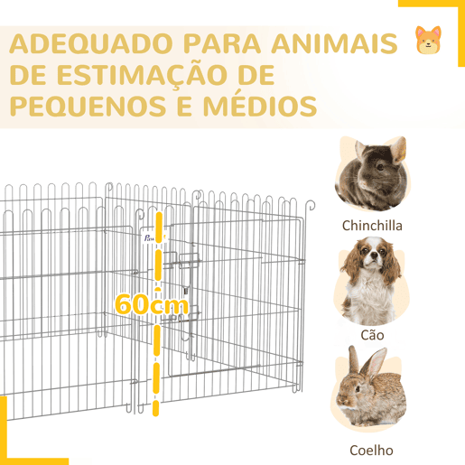 PawHut Parque para Animais de Estimação com 8 Paineis 63x60cm Cerca para Animais de Estimação com Porta com Trava para Jardim Pátio Exterior Prata