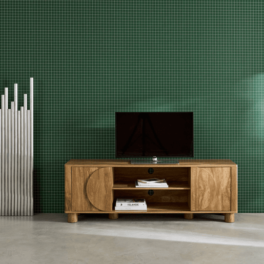 Móvel de TV exótico efeito madeira de mangueira 2 portas reversíveis, 155cm, Pondi, Manguier, 155x40x52 cm Móvel de TV exótico efeito madeira de mangueira 2 portas reversíveis, 155cm, Pondi, Manguier, 155x40x52 cm