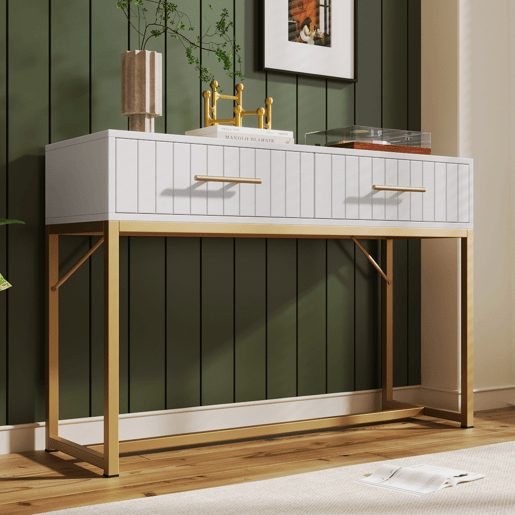 Toucador de painel de partículas com 2 gavetas,branco+dourado