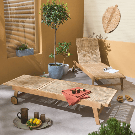 Espreguiçadeira reclinável em madeira e resina, set de 2, Pilar, Natural, 192x65x94 cm