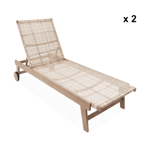 Espreguiçadeira reclinável em madeira e resina, set de 2, Pilar, Natural, 192x65x94 cm