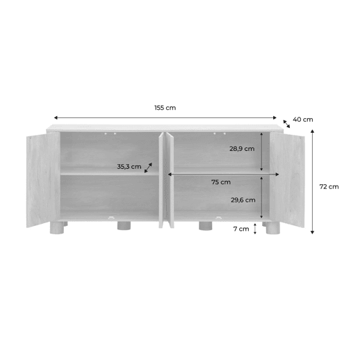 Aparador exótico efeito madeira com 4 portas, 155cm, Pondi, Manguier, 155x40x72 cm