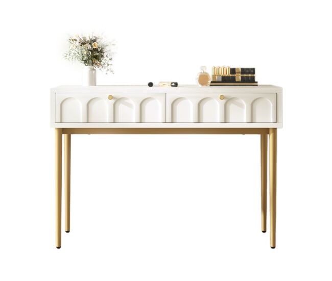 Tocador de madera y metal con 2 cajones,blanco+dorado