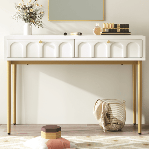 Toucador de madeira e metal com 2 gavetas,branco+dourado