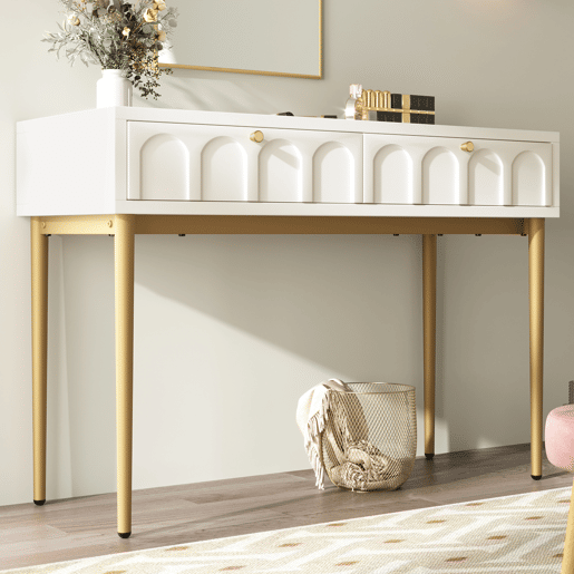 Toucador de madeira e metal com 2 gavetas,branco+dourado