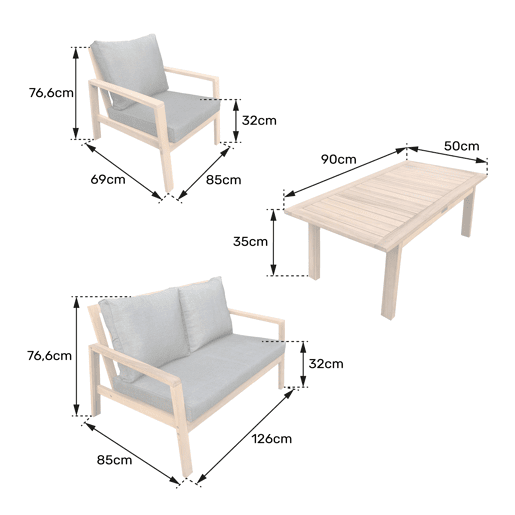 Conjunto de mobiliário de jardim Acacia GILI 4 lugares - almofadas cinzentas