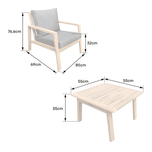 Conjunto de mobiliário de jardim Acacia 2 lugares GILI - almofadas de areia