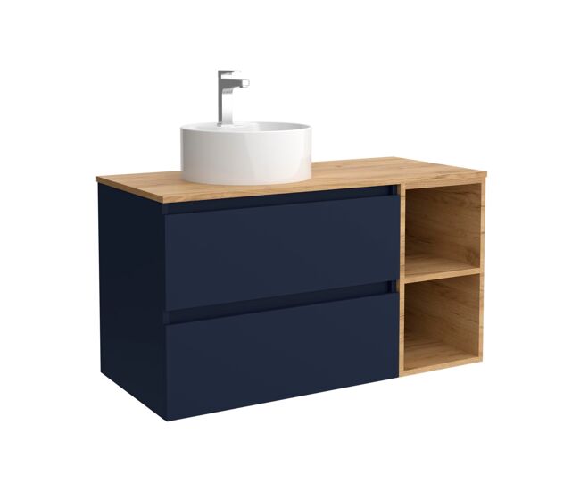 Mueble de baño bequia 90cm + coqueta 2 huecos lado reversible + encimera + lavabo posar| azul mate / roble |90x45x54