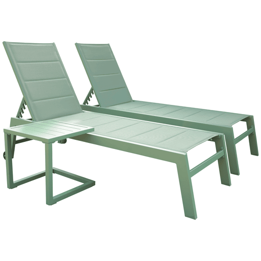 Conjunto de 2 espreguiçadeiras e mesa de apoio BARBADOS em textilene verde sálvia - alumínio verde sálvia