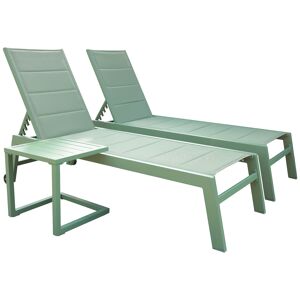 Conjunto de 2 espreguiçadeiras e mesa de apoio BARBADOS em textilene verde sálvia - alumínio verde sálvia