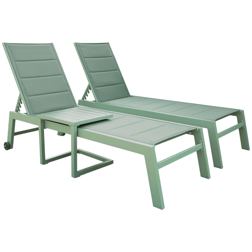 Conjunto de 2 espreguiçadeiras e mesa de apoio BARBADOS em textilene verde sálvia - alumínio verde sálvia