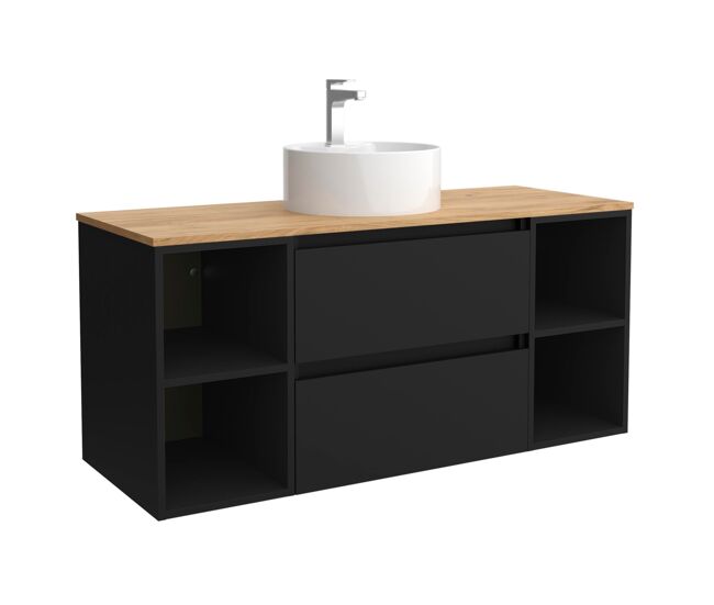 Mueble de baño bequia 120cm + coqueta 2 huecos centrado + encimera + lavabo posar| negro mate |120x45x54
