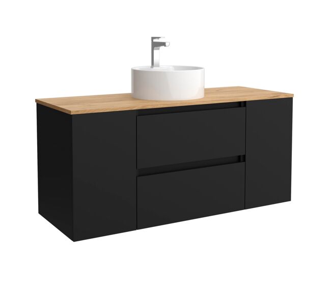 Mueble de baño bequia 120cm + coqueta 1 puerta centrado + encimera + lavabo posar| negro mate |120x45x54