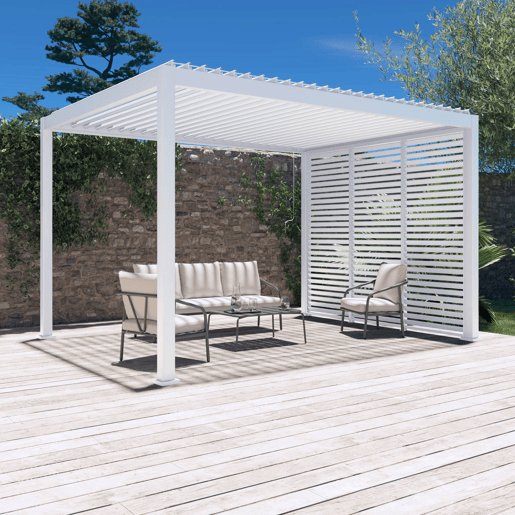 Pérgola bioclimática 3x4m de alumínio + 3 persianas de 100cm , Triomphe 3x4m + acessórios, Branco, 400x300x250 cm