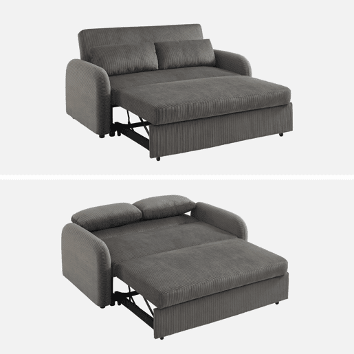 Sofá-cama arredondado 2 lugares veludo canelado, Lino veludo canelado, Cinza escuro, 170x90x88 cm