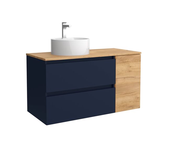 Mueble de baño bequia 100cm + coqueta 1 puerta lado reversible + encimera + lavabo posar| azul mate / roble |100x45x54