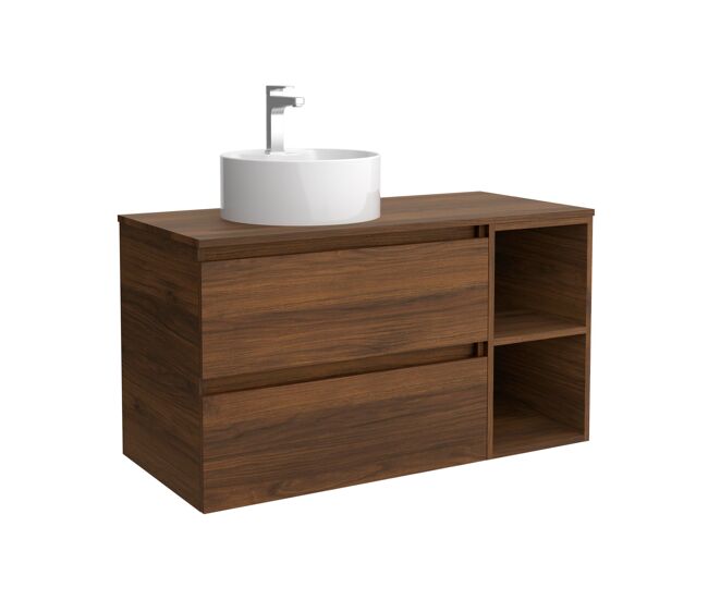 Mueble de baño bequia 90cm + coqueta 2 huecos lado reversible + encimera + lavabo posar| nogal |90x45x54