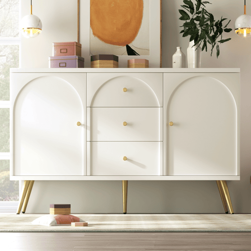 Aparador de madeira e metal com 2 portas e 3 gavetas,branco