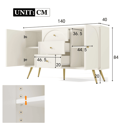 Aparador de madeira e metal com 2 portas e 3 gavetas,branco
