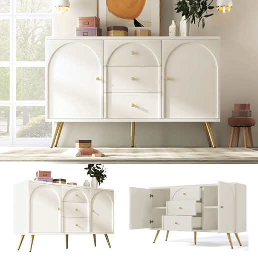 Aparador de madeira e metal com 2 portas e 3 gavetas,branco