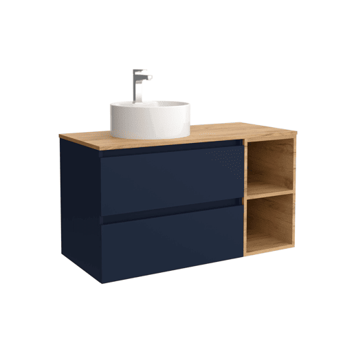 Móveis de Banheiro Bequia 100cm + armário lateral reversível com 2 furos + bancada + pia poser|Azul Acetinado  Cor Carvalho Africano |100x45x54