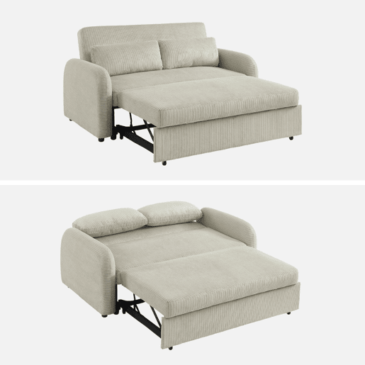 Sofá-cama arredondado 2 lugares veludo canelado, Lino veludo canelado, Cinza Claro, 170x90x88 cm