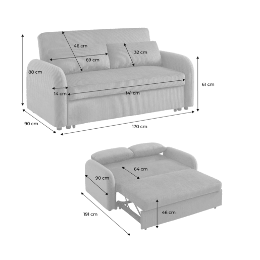 Sofá-cama arredondado 2 lugares veludo canelado, Lino veludo canelado, Cinza Claro, 170x90x88 cm