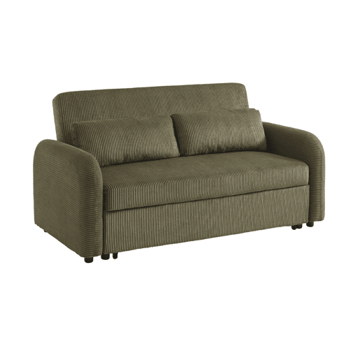 Sofá-cama arredondado 2 lugares veludo canelado, Lino veludo canelado, Verde caqui, 170x90x88 cm
