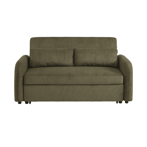 Sofá-cama arredondado 2 lugares veludo canelado, Lino veludo canelado, Verde caqui, 170x90x88 cm