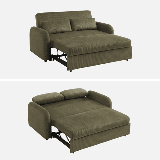 Sofá-cama arredondado 2 lugares veludo canelado, Lino veludo canelado, Verde caqui, 170x90x88 cm
