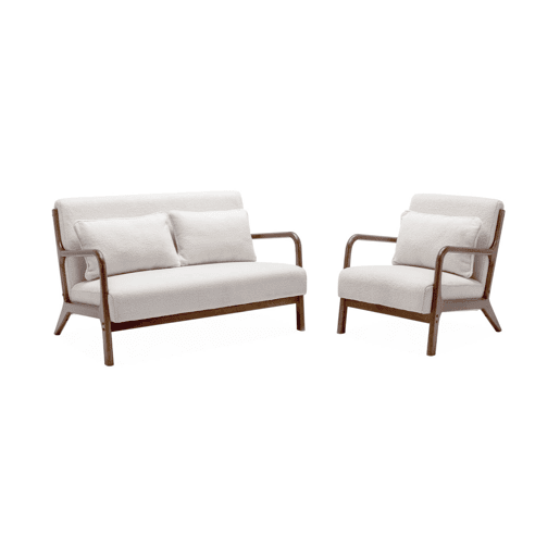 Banco de 2 lugares + poltrona de tecido bouclette em madeira de hevea, Lorens, Creme, 124x83x77 cm