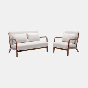 Banco de 2 lugares + poltrona de tecido bouclette em madeira de hevea, Lorens, Creme, 124x83x77 cm