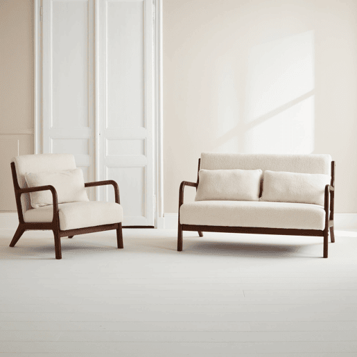 Banco de 2 lugares + poltrona de tecido bouclette em madeira de hevea, Lorens, Creme, 124x83x77 cm