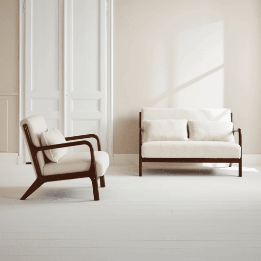 Banco de 2 lugares + poltrona de tecido bouclette em madeira de hevea, Lorens, Creme, 124x83x77 cm