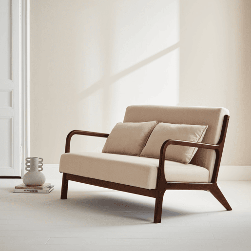 Banco escandinavo de 2 lugares em madeira de hevea, Lorens, Beige, 124x83x77 cm