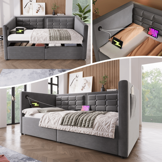 Sofá cama individual de veludo 90x200cm com armazenamento,cinzento