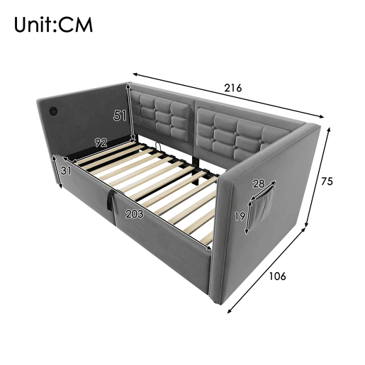 Sofá cama individual de veludo 90x200cm com armazenamento,cinzento