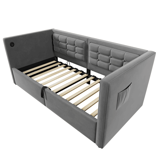 Sofá cama individual de veludo 90x200cm com armazenamento,cinzento