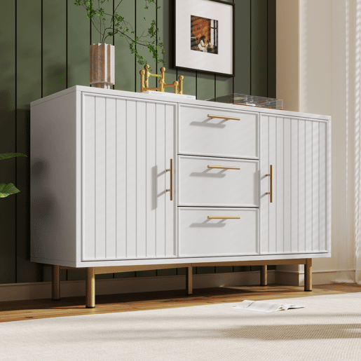 Aparador de painel de partículas com 2 portas e 3 gavetas,branco