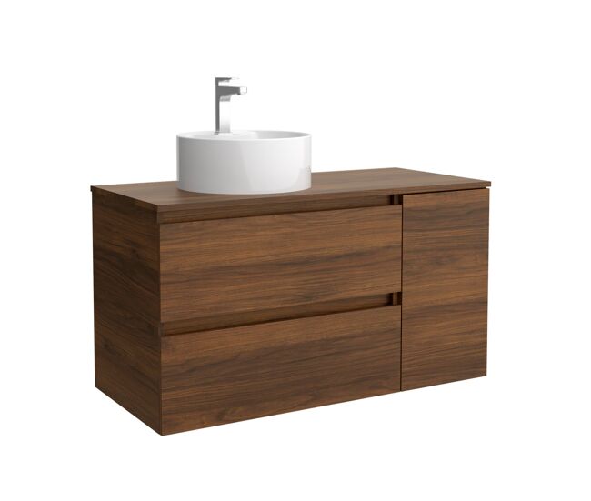 Mueble de baño bequia 90cm + coqueta 1 puerta lado reversible + encimera + lavabo posar| nogal |90x45x54