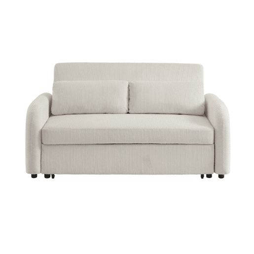 Sofá-cama arredondado 2 lugares veludo canelado, Lino veludo canelado, Branco, 170x90x88 cm