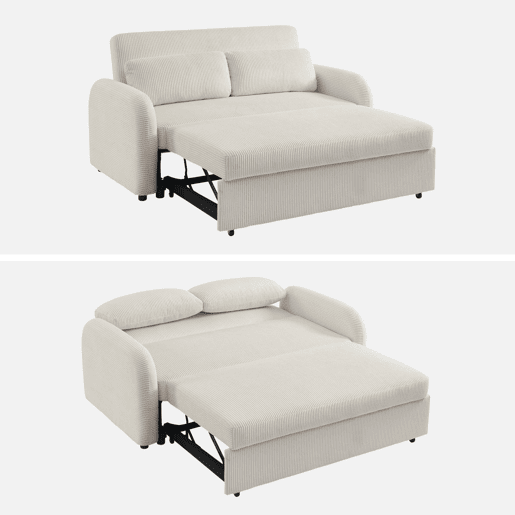 Sofá-cama arredondado 2 lugares veludo canelado, Lino veludo canelado, Branco, 170x90x88 cm