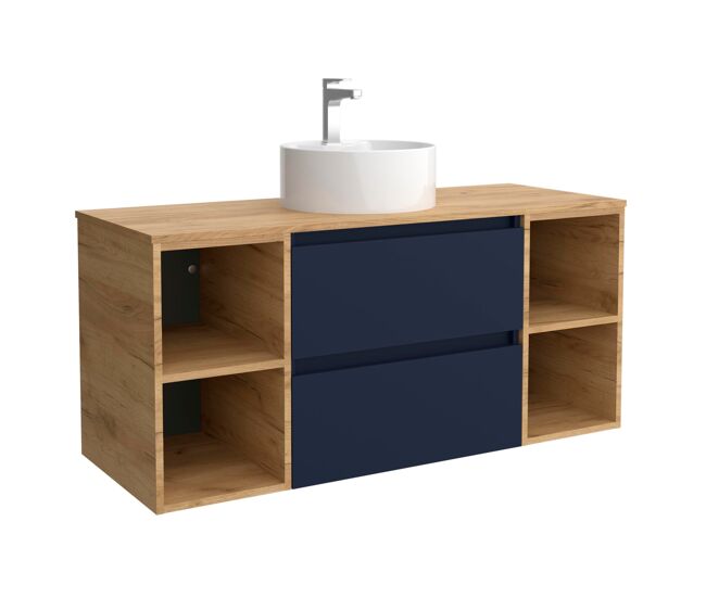 Mueble de baño bequia 120cm + coqueta 2 huecos centrado + encimera + lavabo posar| azul mate / roble |120x45x54