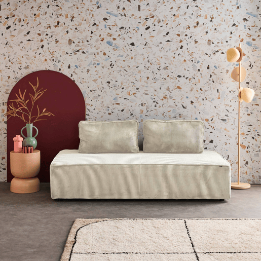 Poltrona para sofá modular 2 lugares veludo canelado, Lao, Creme, 180x90x78 cm