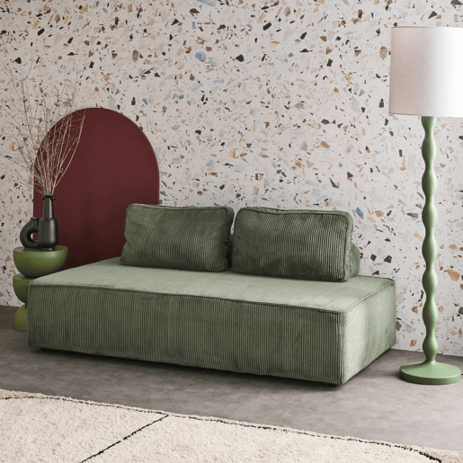 Sofá modular em tecido veludo canelado de 2 lugares, Lao, Verde, 180x90x78 cm
