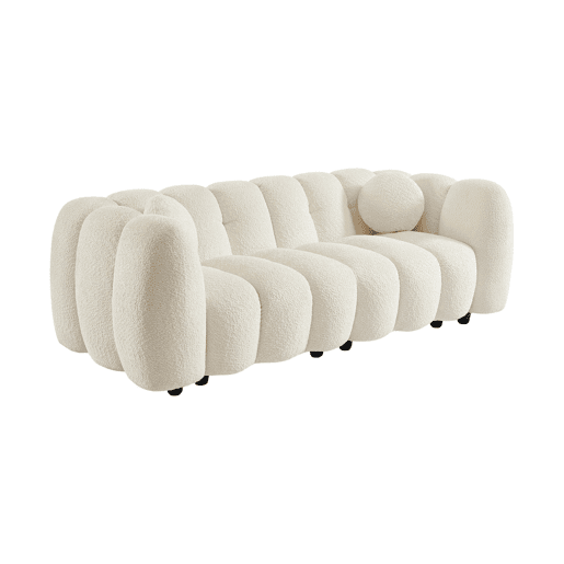 Sofá concha boucle de 3 lugares, Perla, Creme, 221x100x76 cm