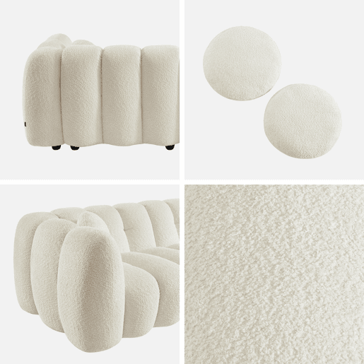 Sofá concha boucle de 3 lugares, Perla, Creme, 221x100x76 cm