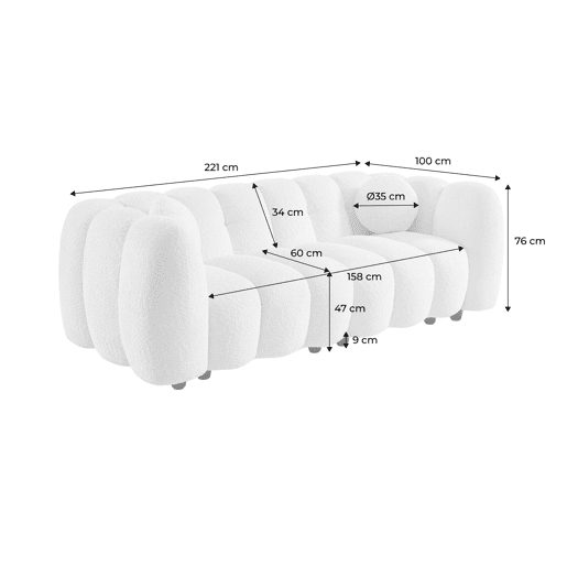 Sofá concha boucle de 3 lugares, Perla, Creme, 221x100x76 cm